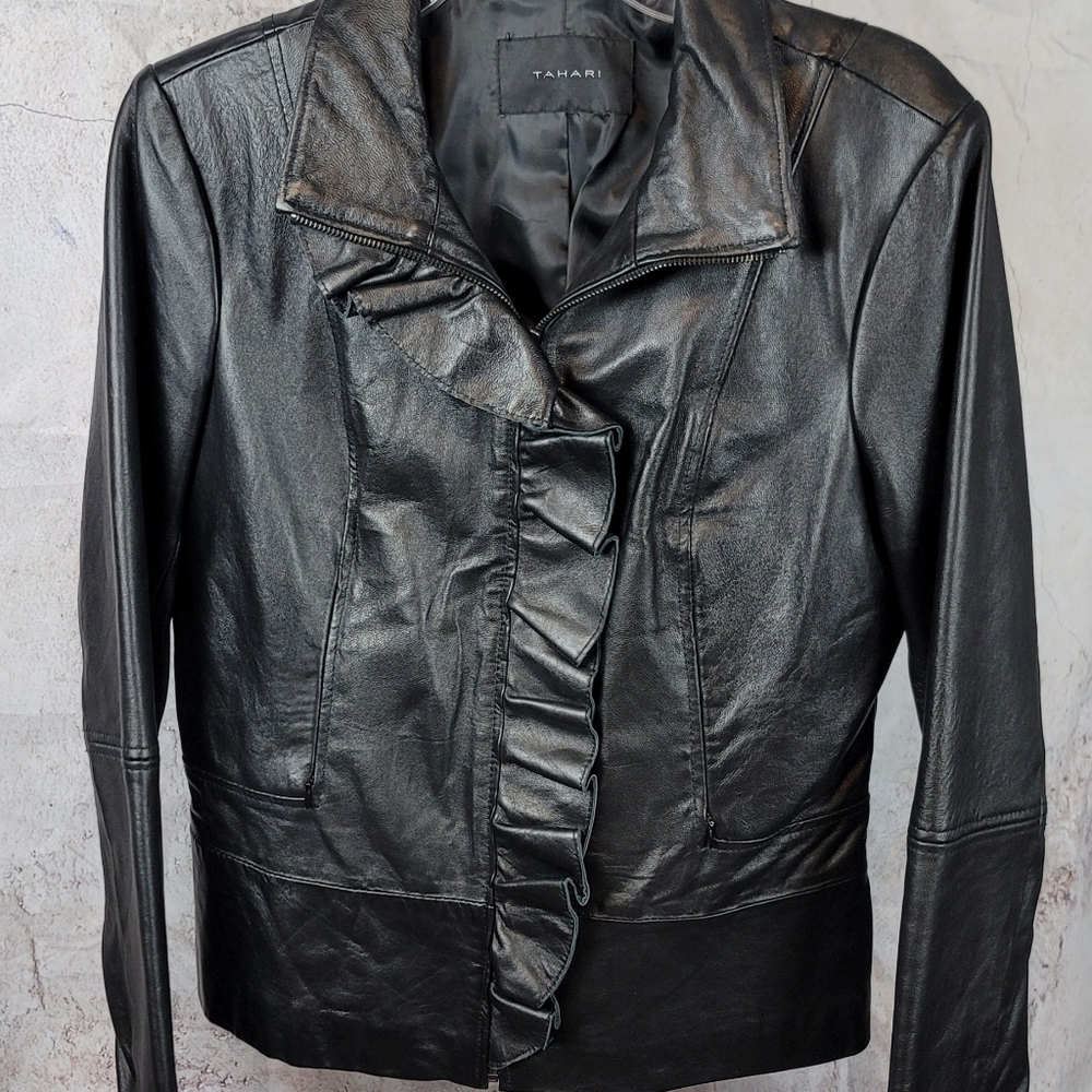 Tahari Leather Ruffle Jacket - Picture 2 of 15